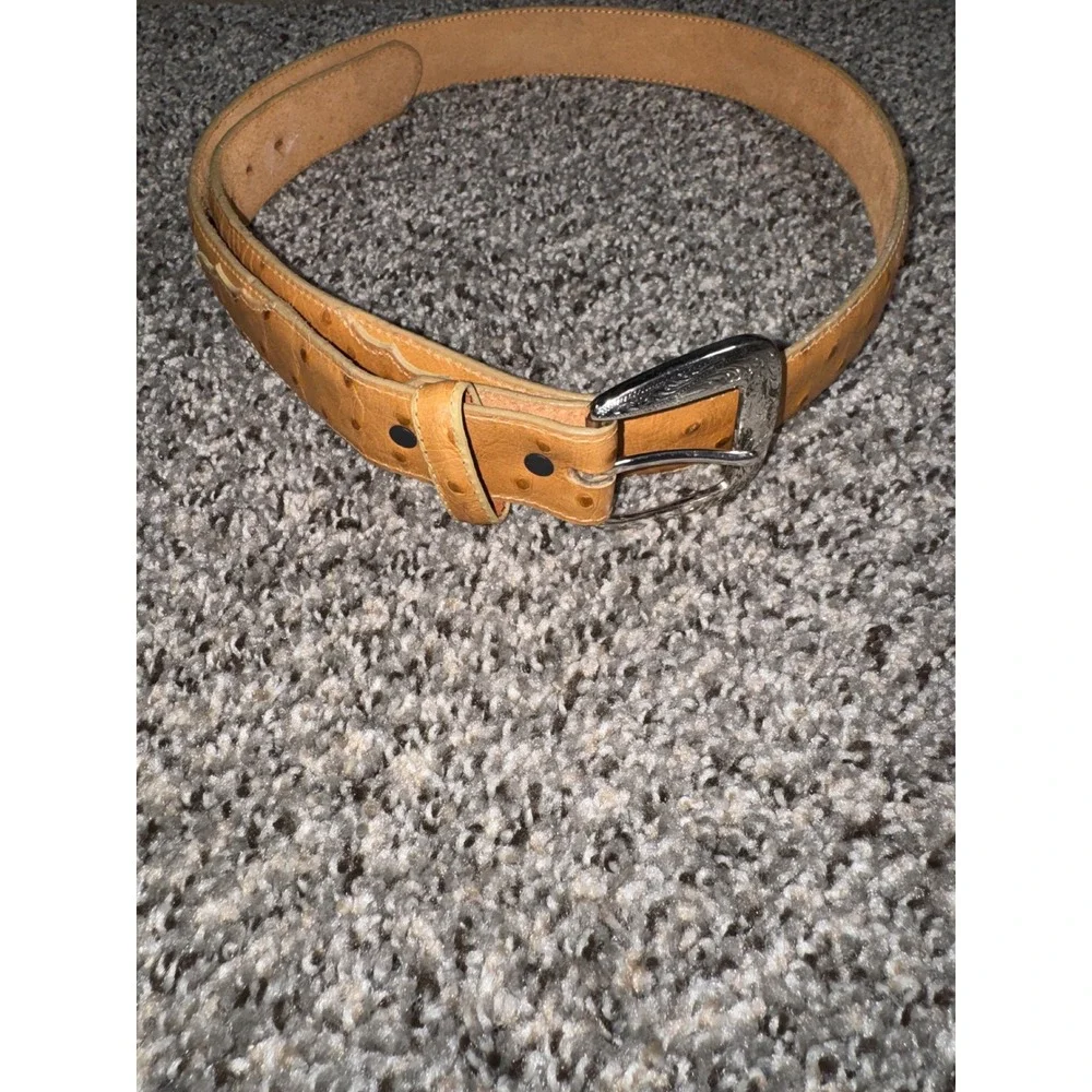Tony Lama Mens 42 Tan Ostrich Print Leather Western Belt Silver Engraved Buckle